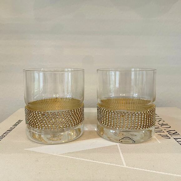 Old Fashioned Whiskey Glass w/ Gold Rhinestone Band Stemless Wine Set of 2 NEW - Picture 9 of 10